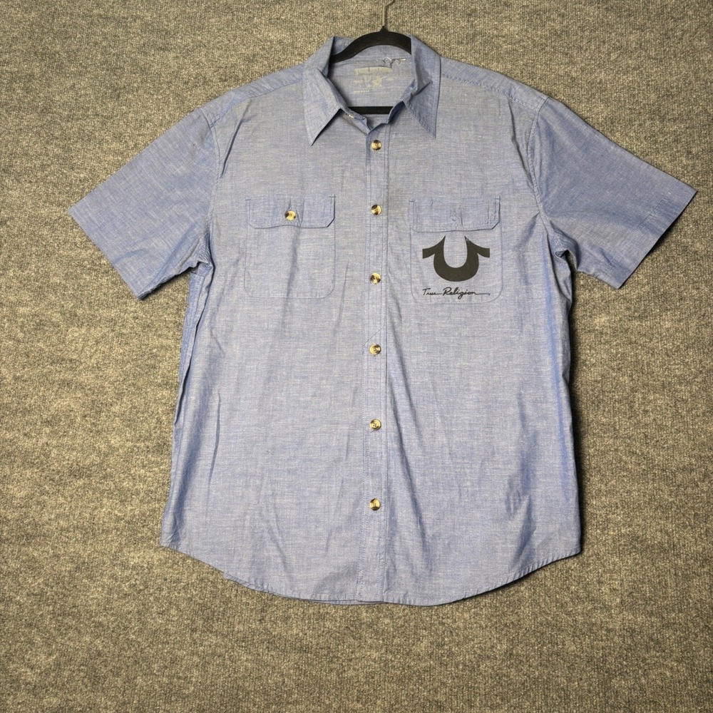 True Religion Button Up Men's L Blue Chambray Short Sleeve Logo Graphic Shirt